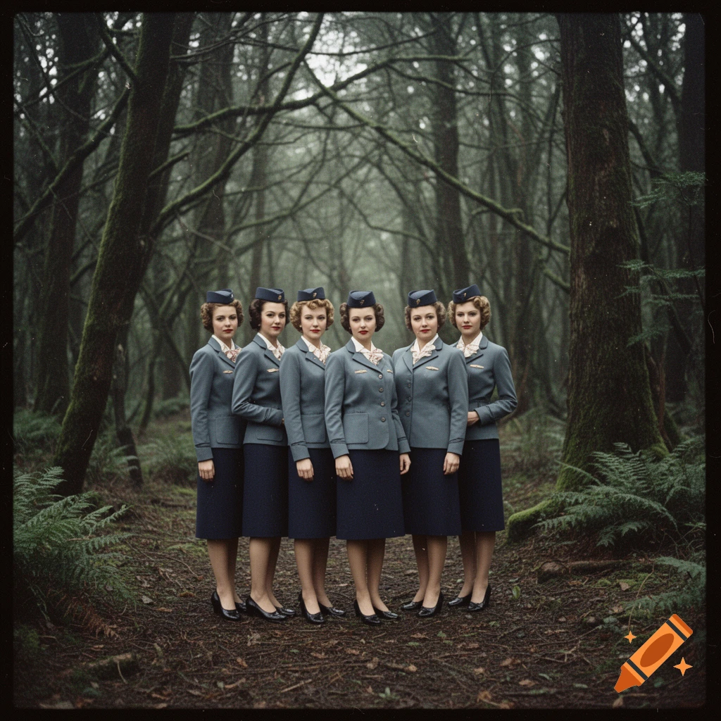 Analog photograph of six women in 1950s stewardess uniforms standing in a dense, foggy forest.