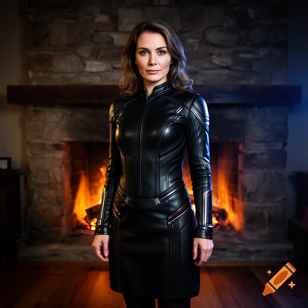Photorealistic portrait of a woman in a black leather sci-fi suit standing in front of a stone fireplace.
