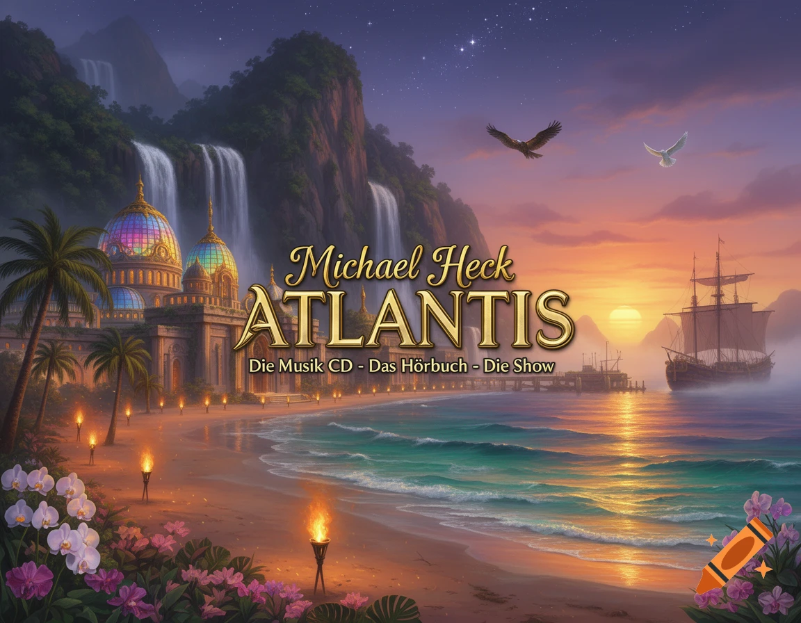 Fantasy sunset landscape featuring majestic mountains, waterfalls, palaces with glass domes, a tropical beach with torches, and a sailing ship.