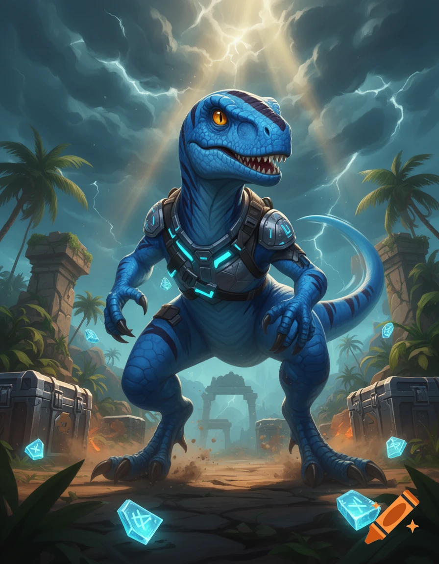 Blue dinosaur from Jurassic Park wearing sci-fi armor in a jungle setting with chests and crystals, digital art style.