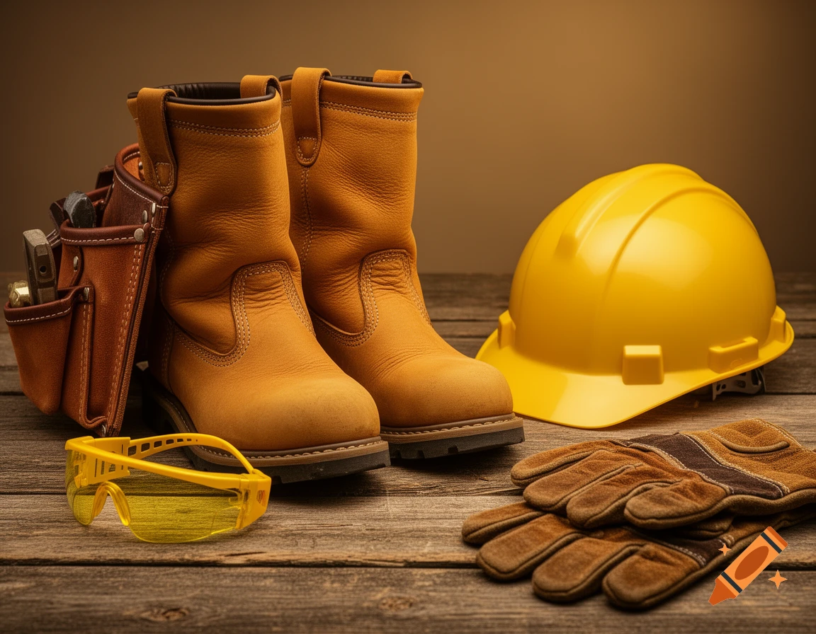Product photography of construction safety gear including work boots, hard hat, safety glasses, tool belt, and work gloves on wood.
