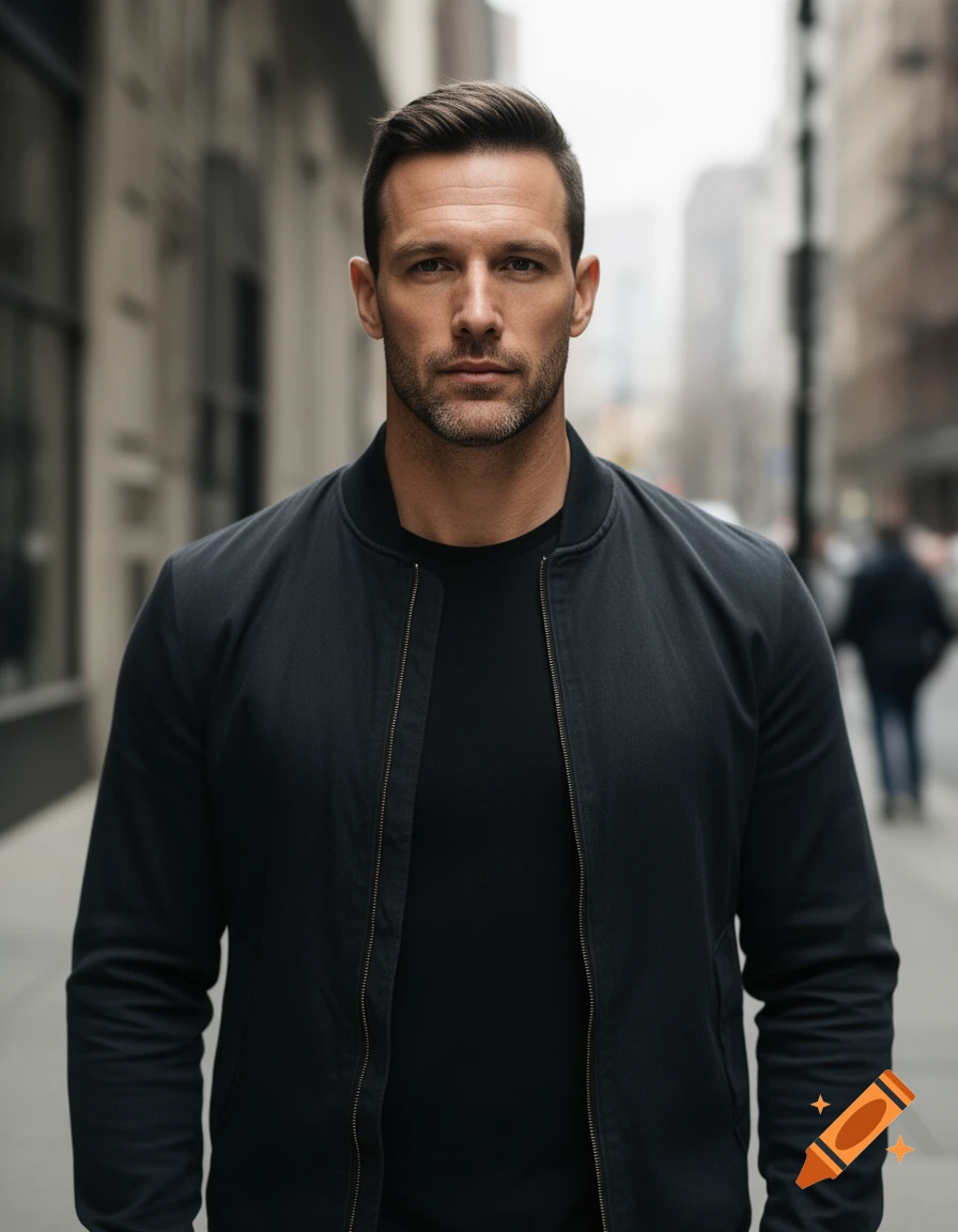 Photorealistic portrait of a masculine man with short brown hair and stubble, wearing a black bomber jacket on a city street.
