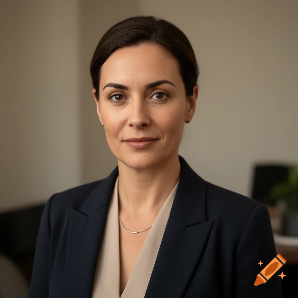 Photorealistic portrait of a professional woman with dark hair wearing a navy blue blazer.
