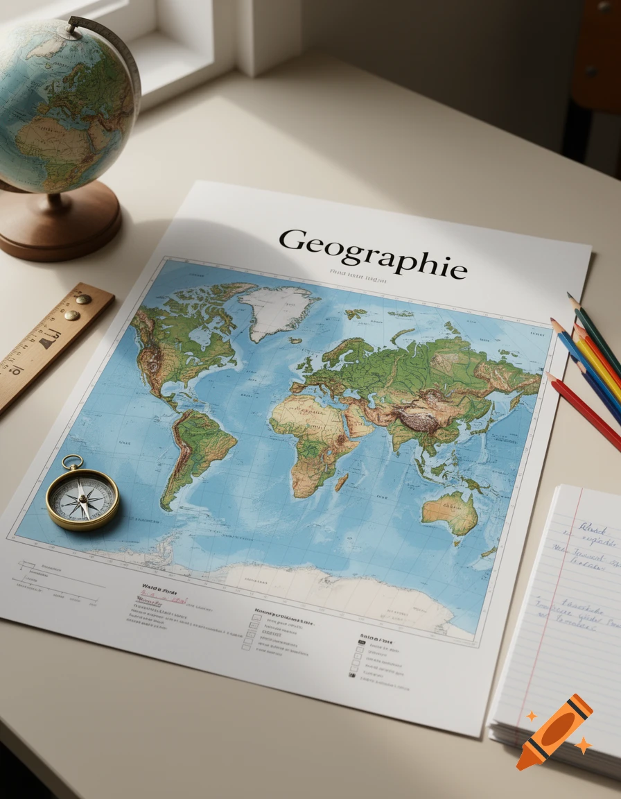 Overhead shot of a desk with a world map poster titled Geographie, a globe, a compass, and colored pencils.