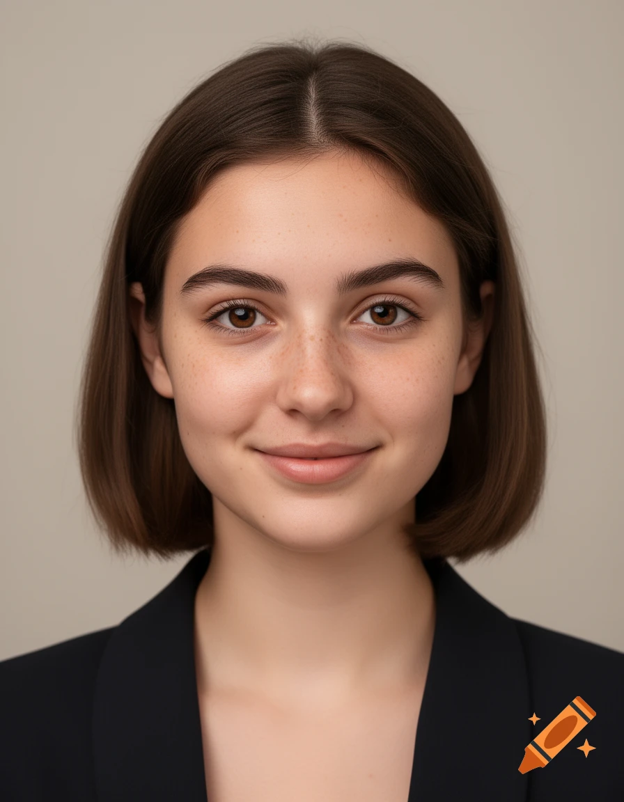 Photorealistic portrait of a young woman with short brown hair, brown eyes, and light freckles wearing a black blazer against a neutral background.