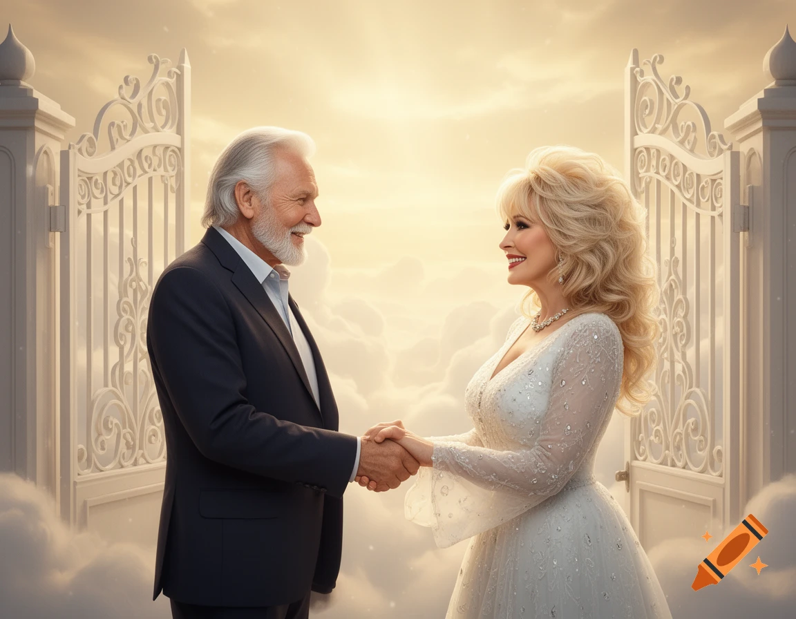 Photorealistic depiction of Kenny Rogers and Dolly Parton shaking hands at the pearly gates of heaven amidst clouds.