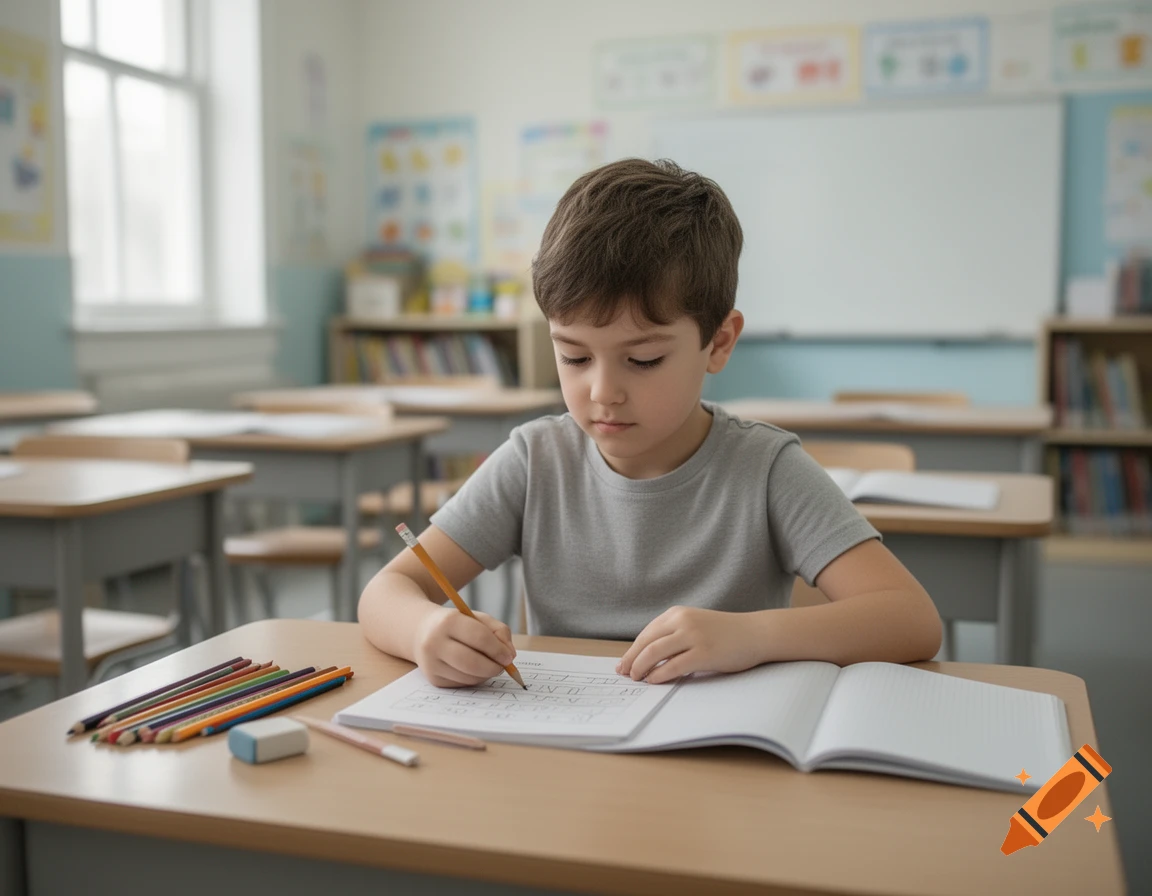 A young boy sitting at a desk in a classroom, writing in a notebook with a pencil.