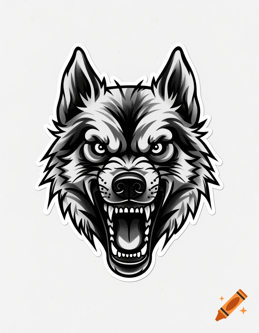 Black and white sticker design of an aggressive, snarling wolf head with bared teeth.