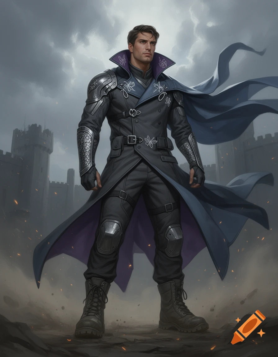 Digital painting of a male fantasy hero in armor and a blue cape, standing in front of a castle.