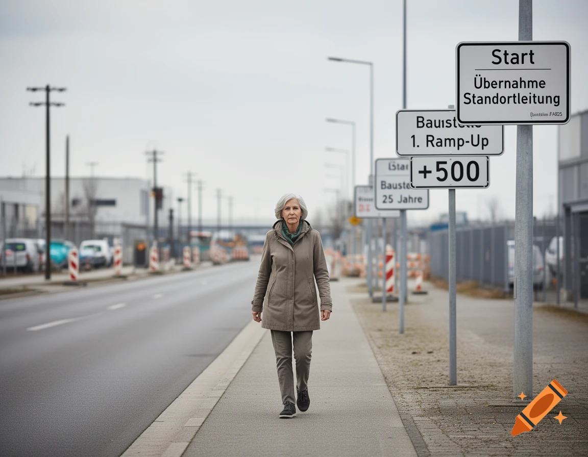 An older woman with grey hair walking down a sidewalk next to a road with various informational signs in German, photorealistic.