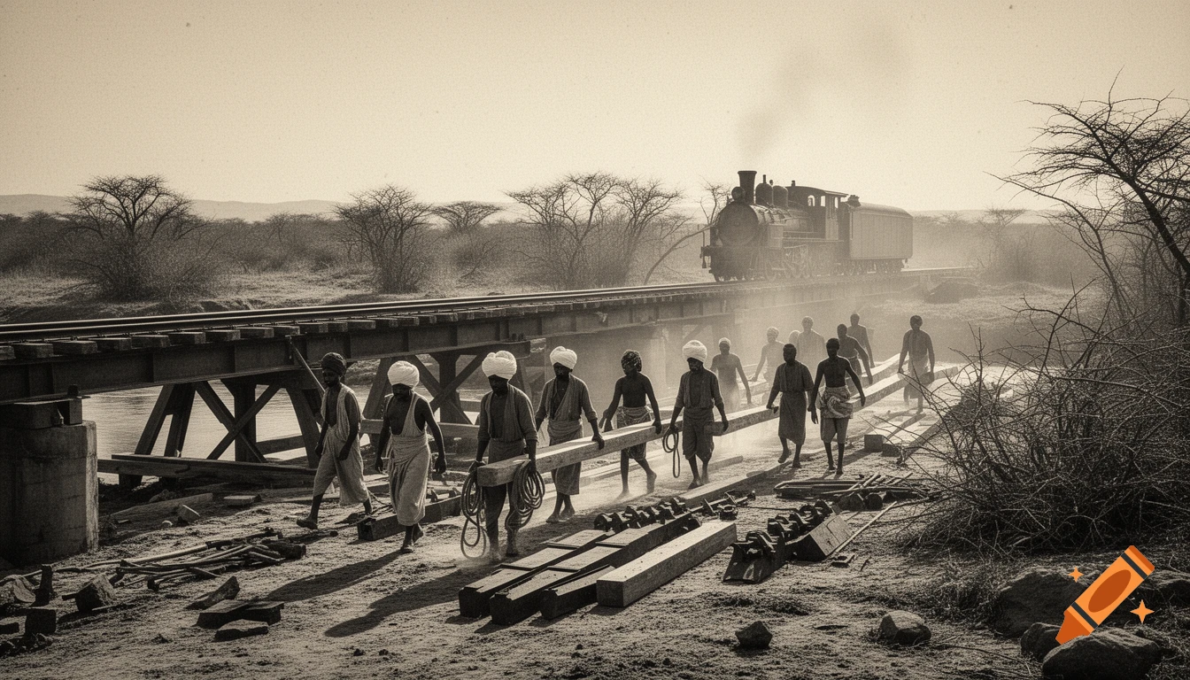 Sepia-toned archival style photo of Indian and African workers constructing a railway bridge in 1898 with a steam locomotive in the background.