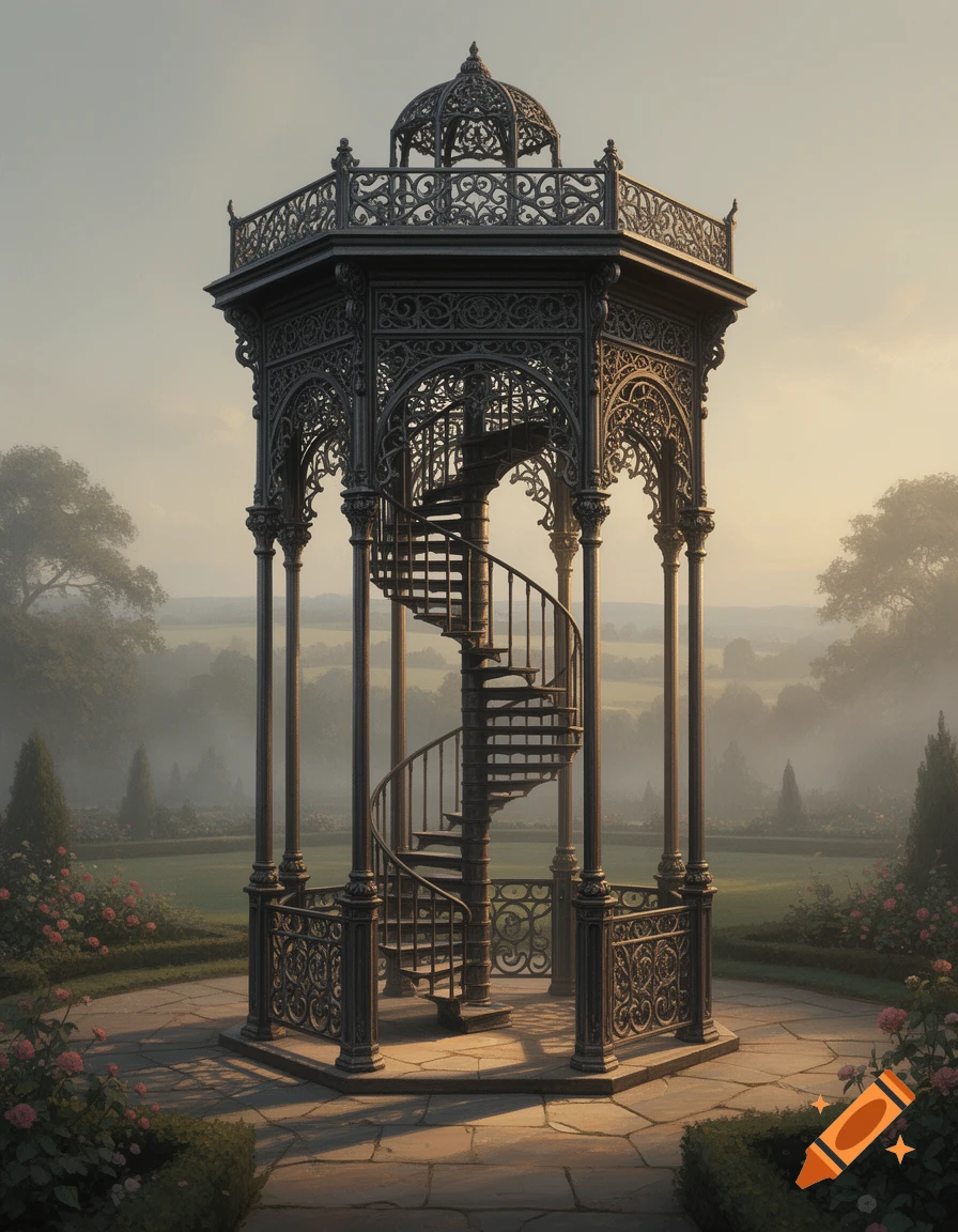 Photorealistic image of an ornate octagonal cast-iron gazebo with a spiral staircase inside, set in a misty formal garden.