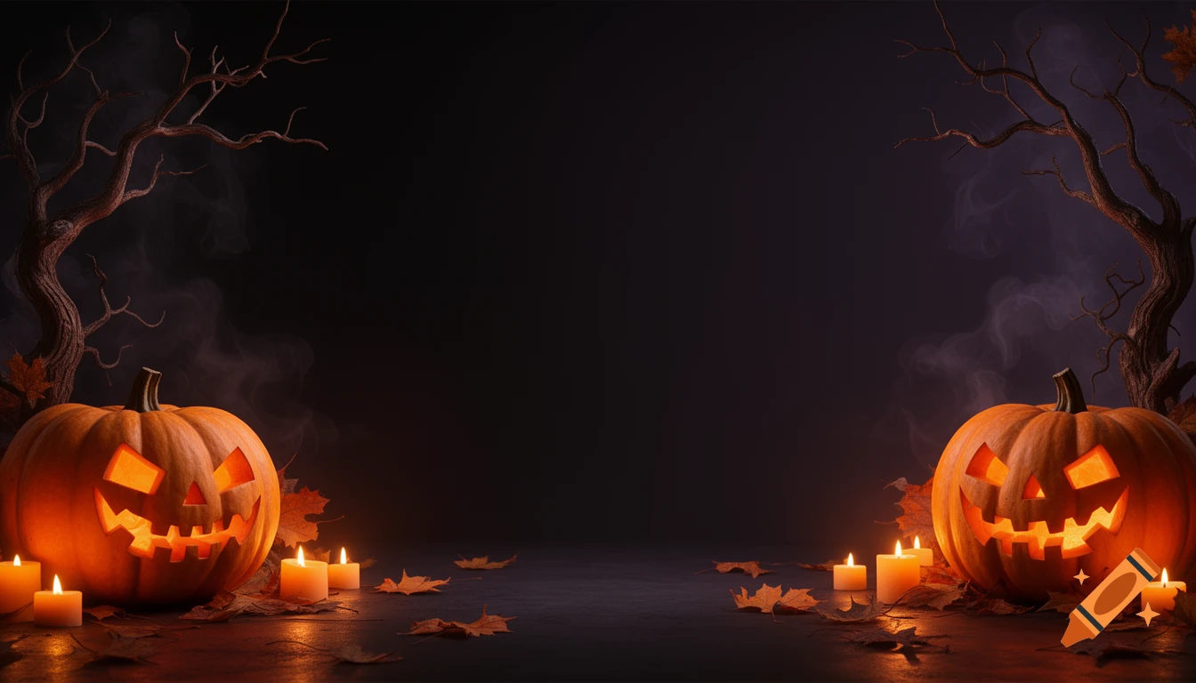 A Halloween banner with two glowing jack-o'-lanterns, lit candles, and bare tree branches against a dark background.