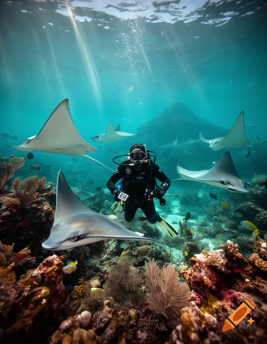 Scuba diver swimming with several reef rays and colorful corals in a clear turquoise underwater environment, photorealistic.