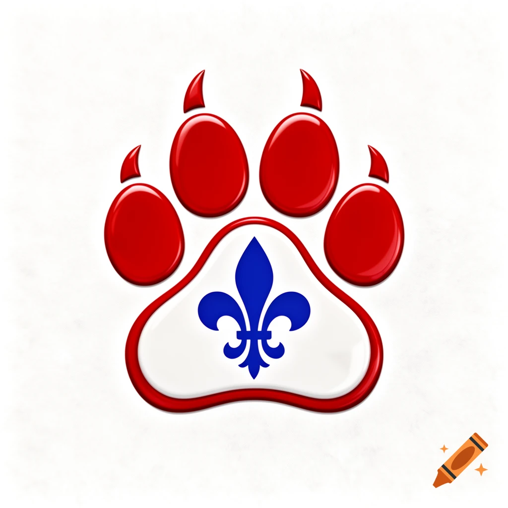 A stylized red paw print with a blue fleur-de-lis on a white background.