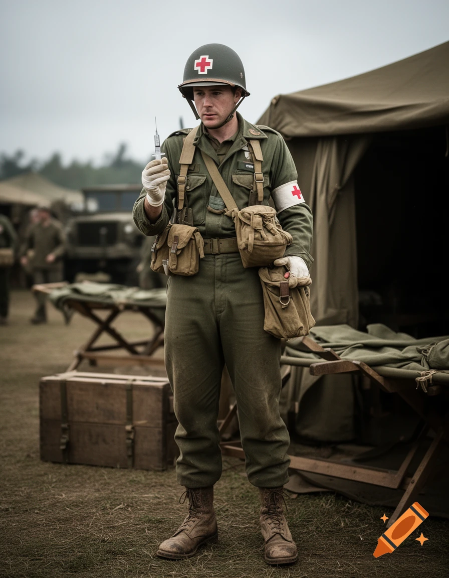 Photorealistic full-body portrait of a World War II American medic in uniform, holding a syringe, standing in a field camp.