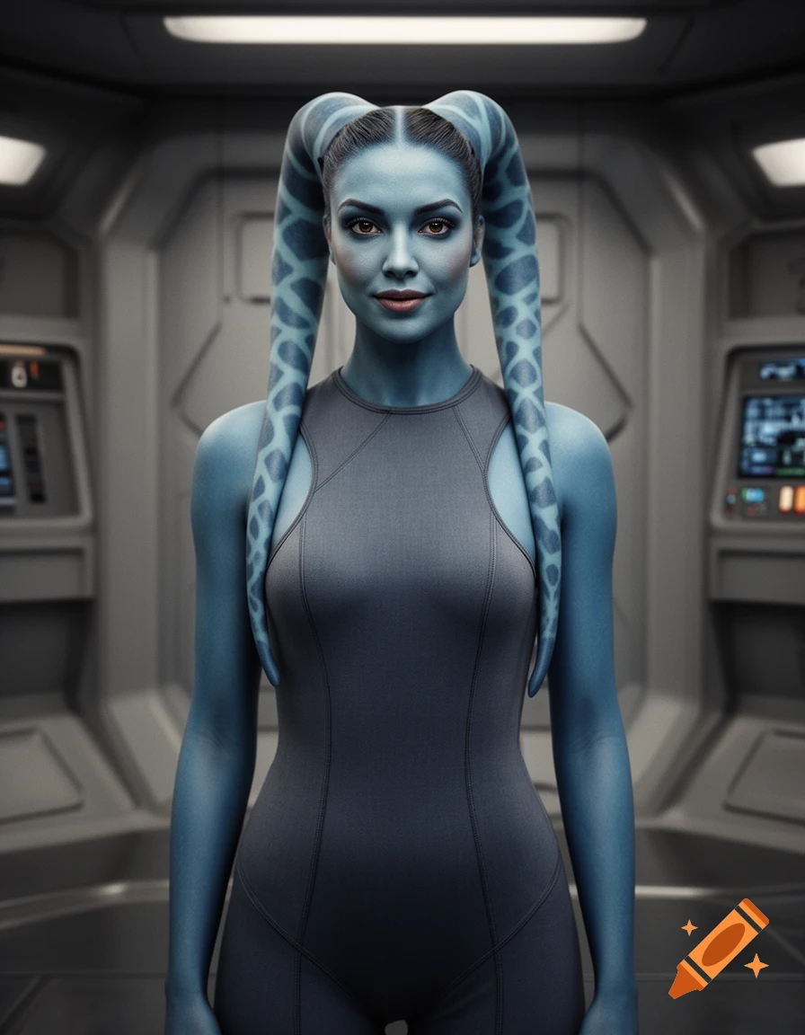Photorealistic portrait of a blue-skinned female Twi'lek with head-tails standing in a futuristic spaceship corridor.