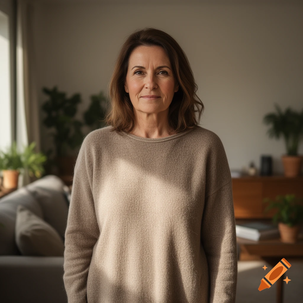 Photorealistic portrait of a middle-aged woman with brown hair wearing a beige sweater inside a home.