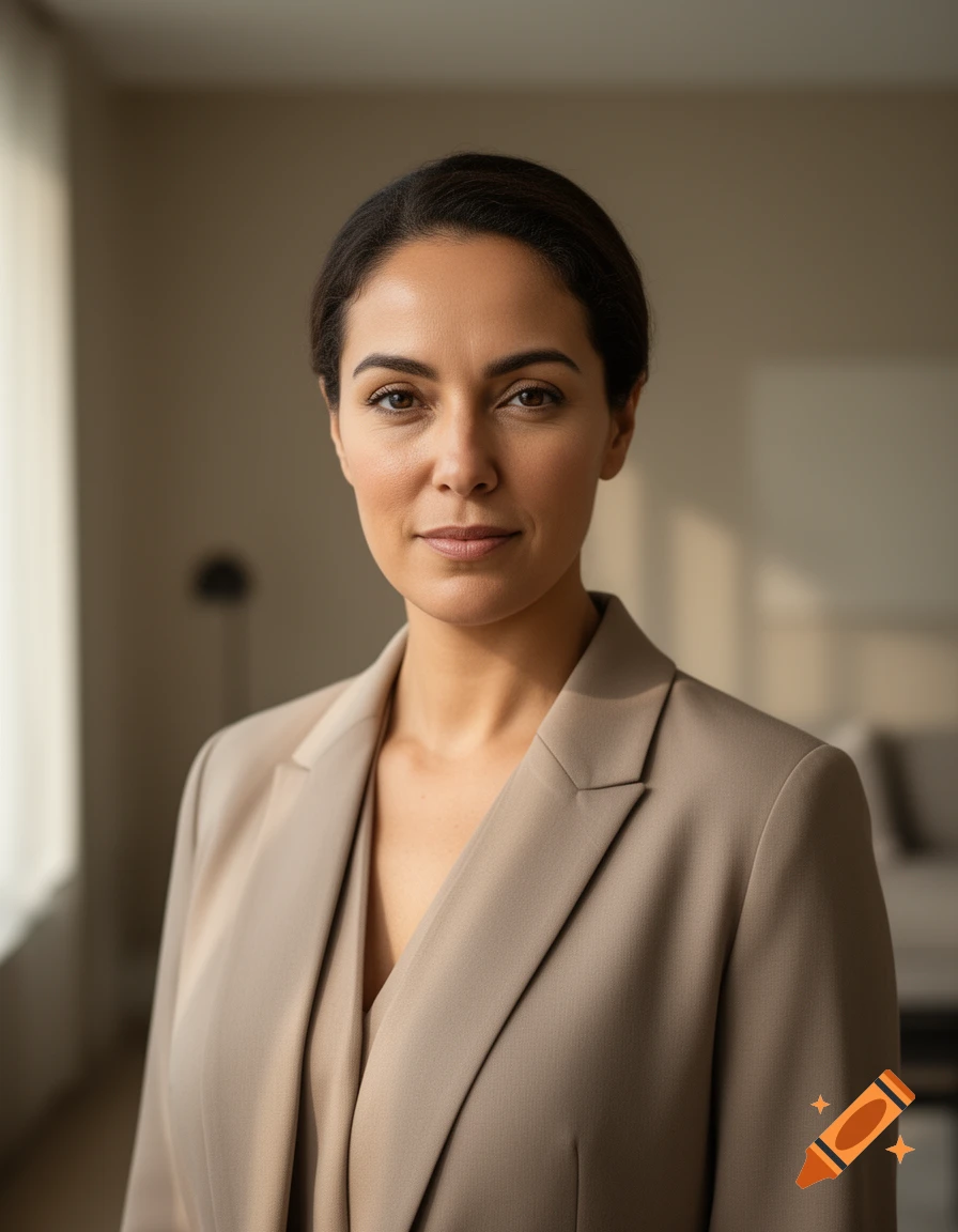 Photorealistic portrait of a woman in a beige business suit with a neutral background.