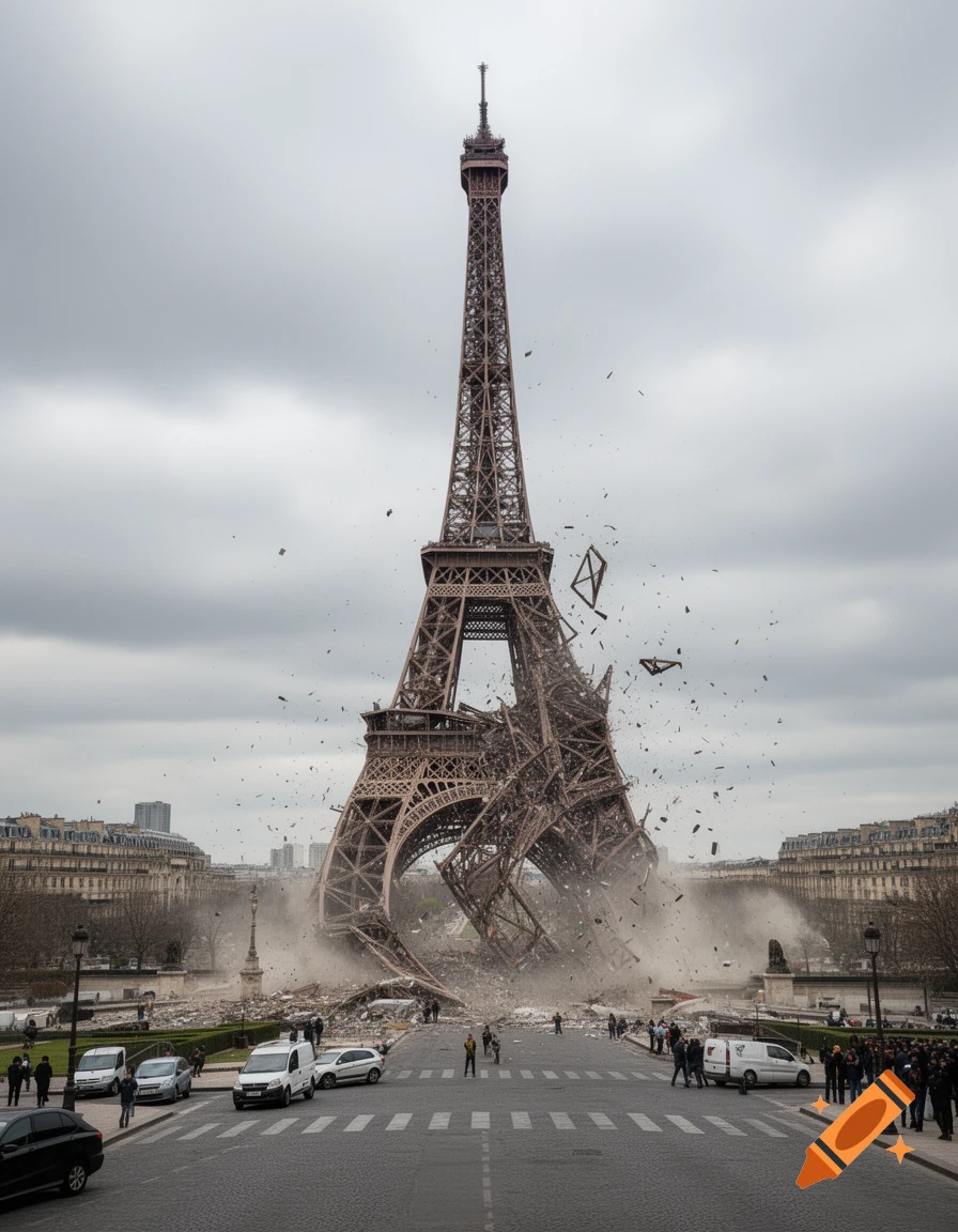 Photorealistic image of the Eiffel Tower collapsing and crumbling in the middle of Paris with debris falling onto the street.
