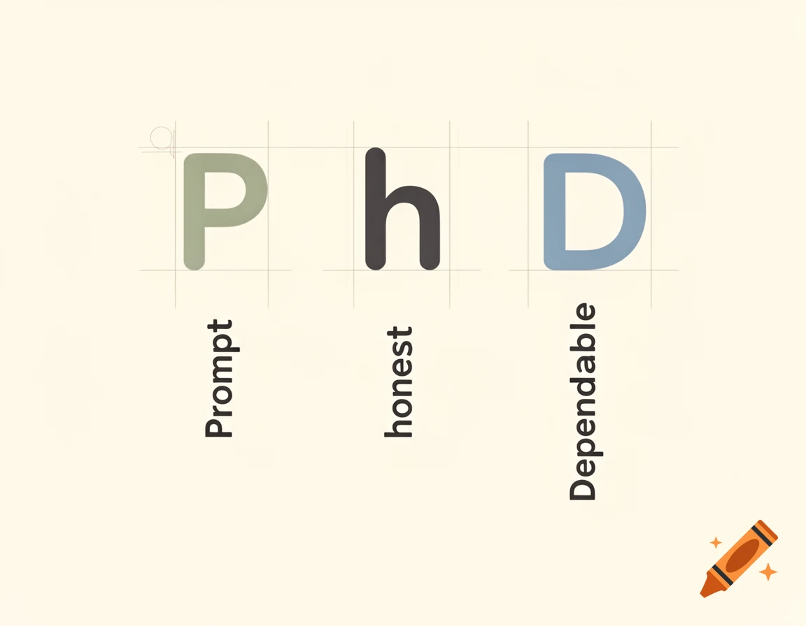 Minimalist graphic design spelling PhD with words Prompt, honest, and Dependable hanging below each letter.