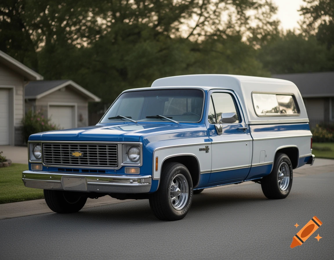 Photorealistic image of a blue and white 1978 Chevrolet C10 truck with a camper shell parked on a residential street.
