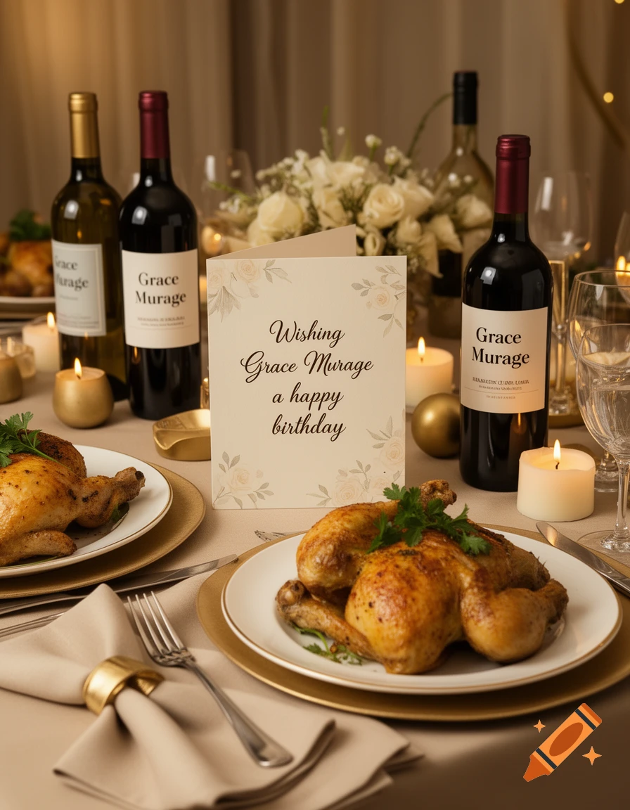 Photorealistic table setting with roasted chicken, wine bottles labeled Grace Murage, and a birthday card.