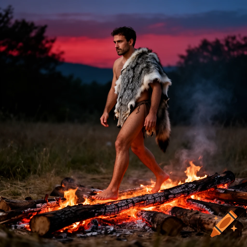 Photorealistic image of a man wearing a wolf skin cloak, walking barefoot over burning logs at dusk.