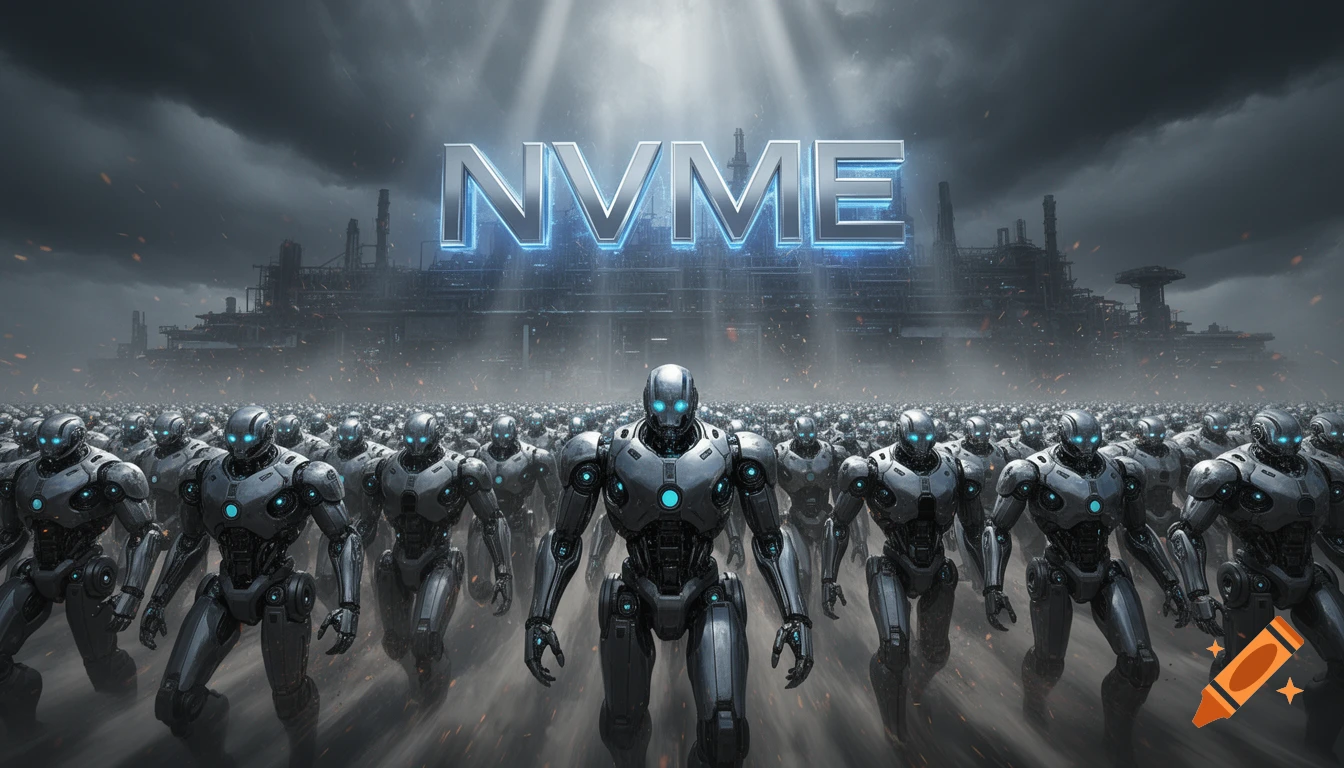 An army of metallic robots marching forward under a glowing NVMe logo in a dystopian industrial setting.