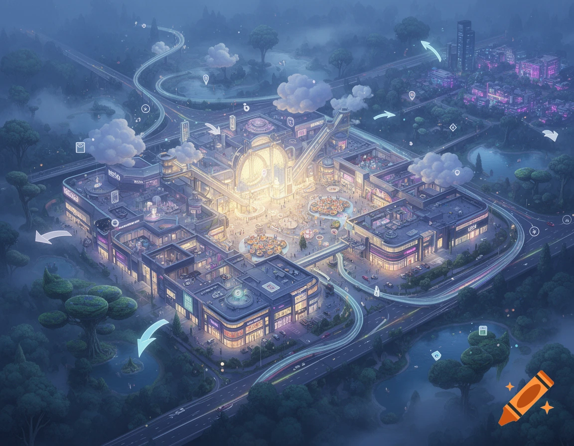 An aerial, dreamlike view of a sprawling interconnected mall complex with glowing lights, highways, and surrounding forests in a digital art style.