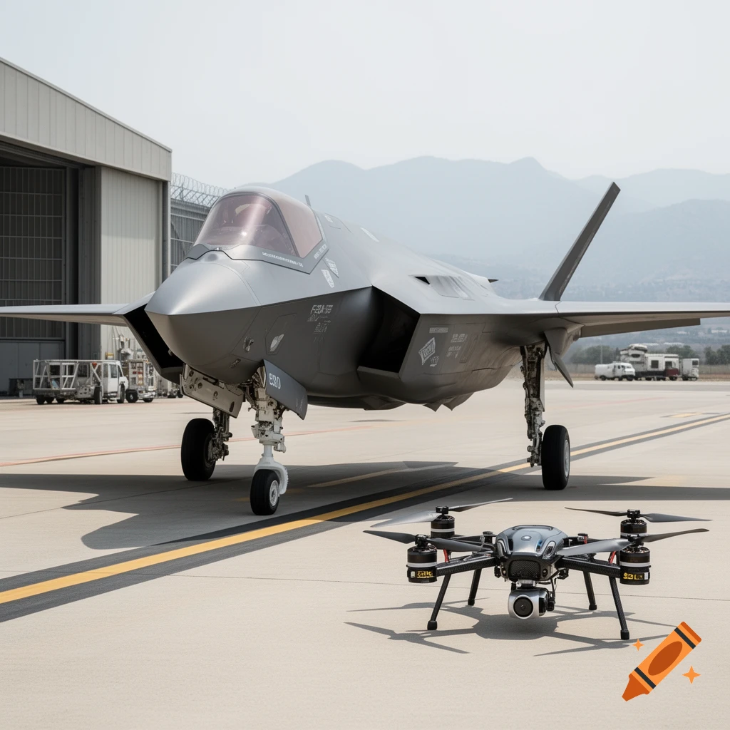 Photorealistic image of an F-35 fighter jet parked on a tarmac next to a small drone.