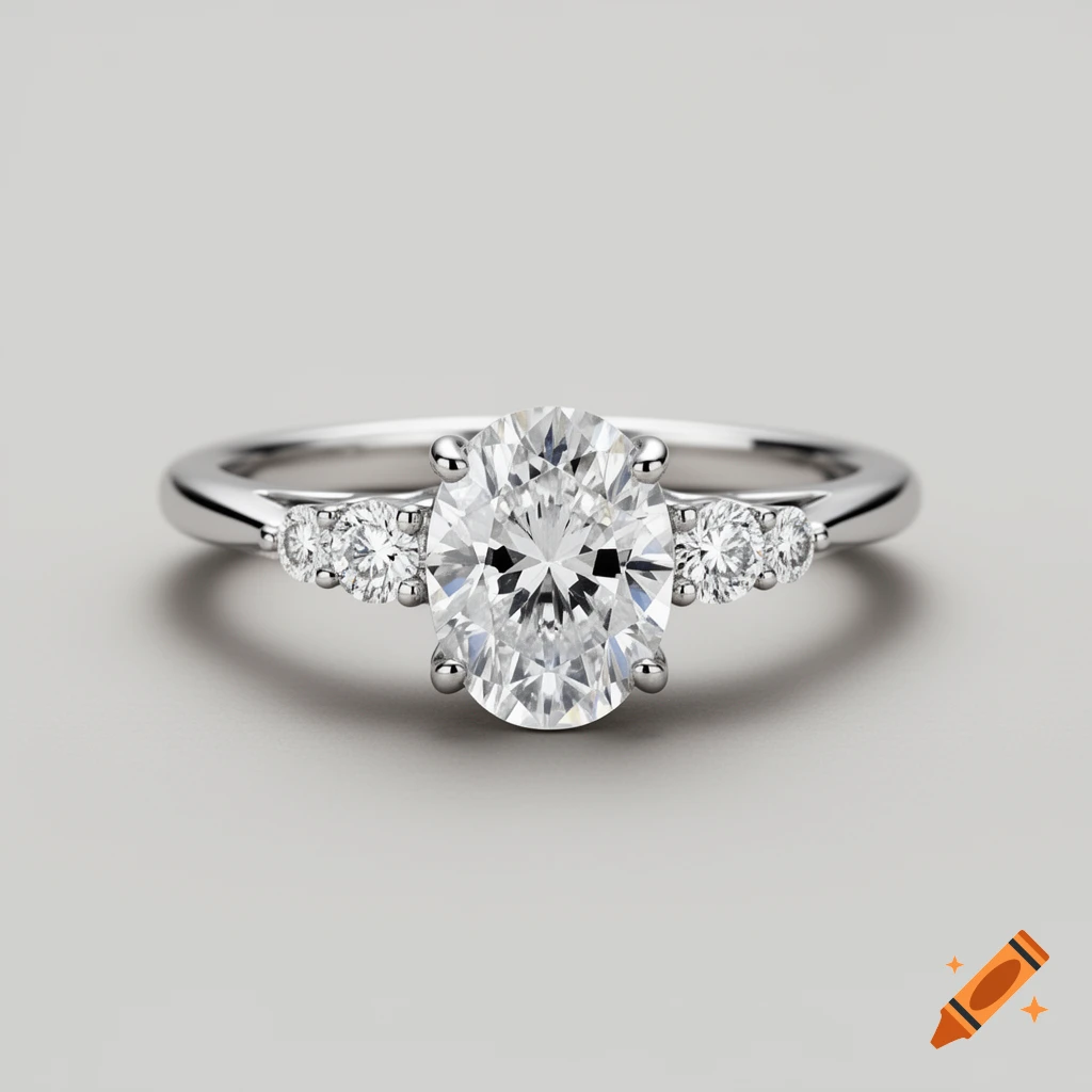 Close-up photorealistic image of a platinum engagement ring with a central oval diamond and two small round side stones on each side, set against a neutral grey background.