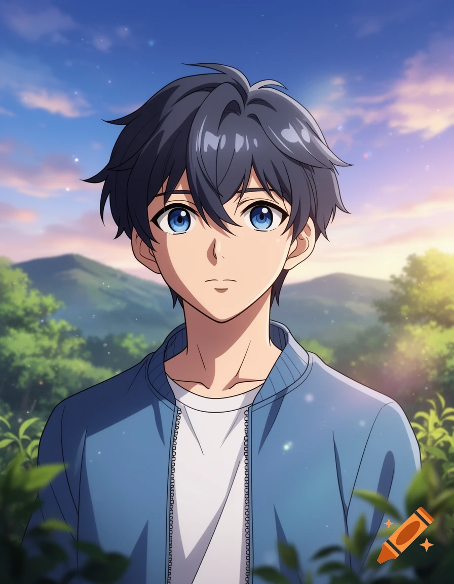 Close-up anime style portrait of a young man with dark blue hair and blue eyes, set against a mountain and sky background.