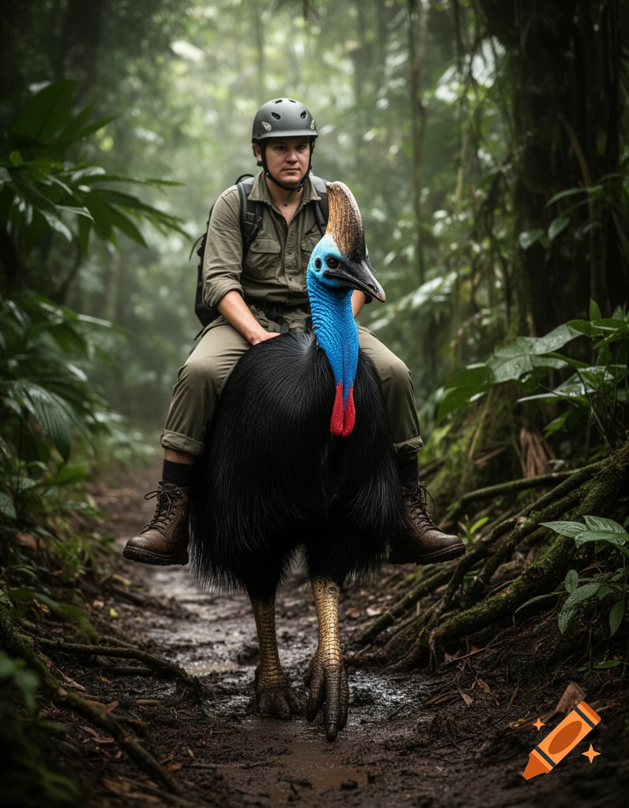 Photorealistic image of a person wearing a helmet and backpack riding a large cassowary bird on a muddy trail through a dense jungle.