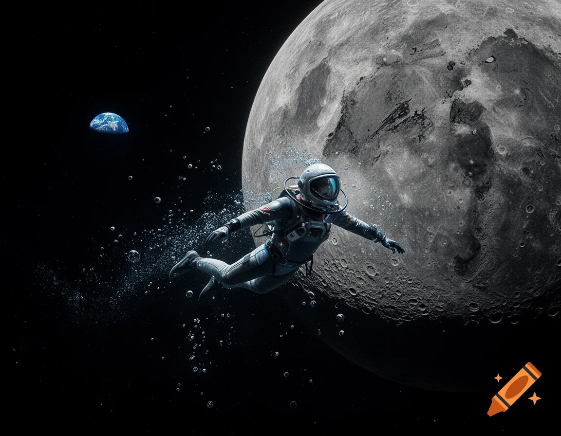 Photorealistic image of an astronaut swimming through space with bubbles around them near the moon.