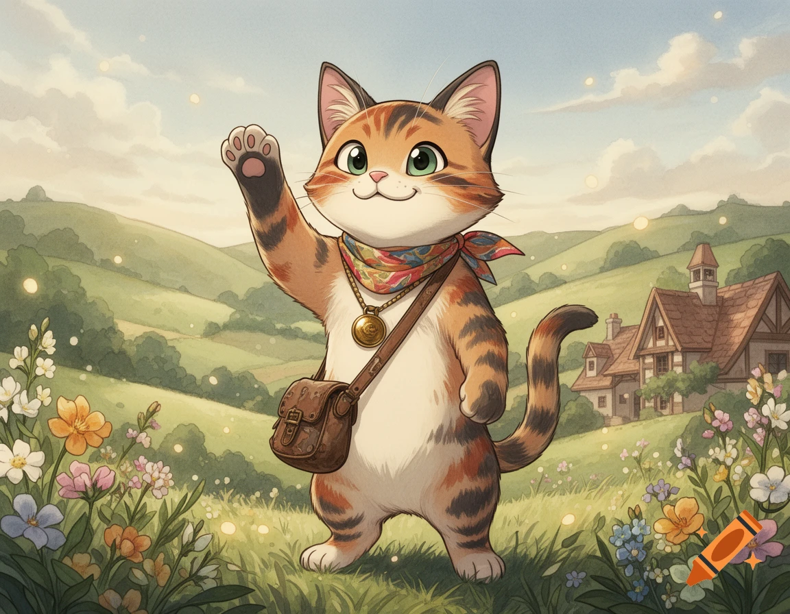 An anthropomorphic calico cat in a Ghibli anime style, wearing a scarf and satchel, waving in a rolling green countryside.