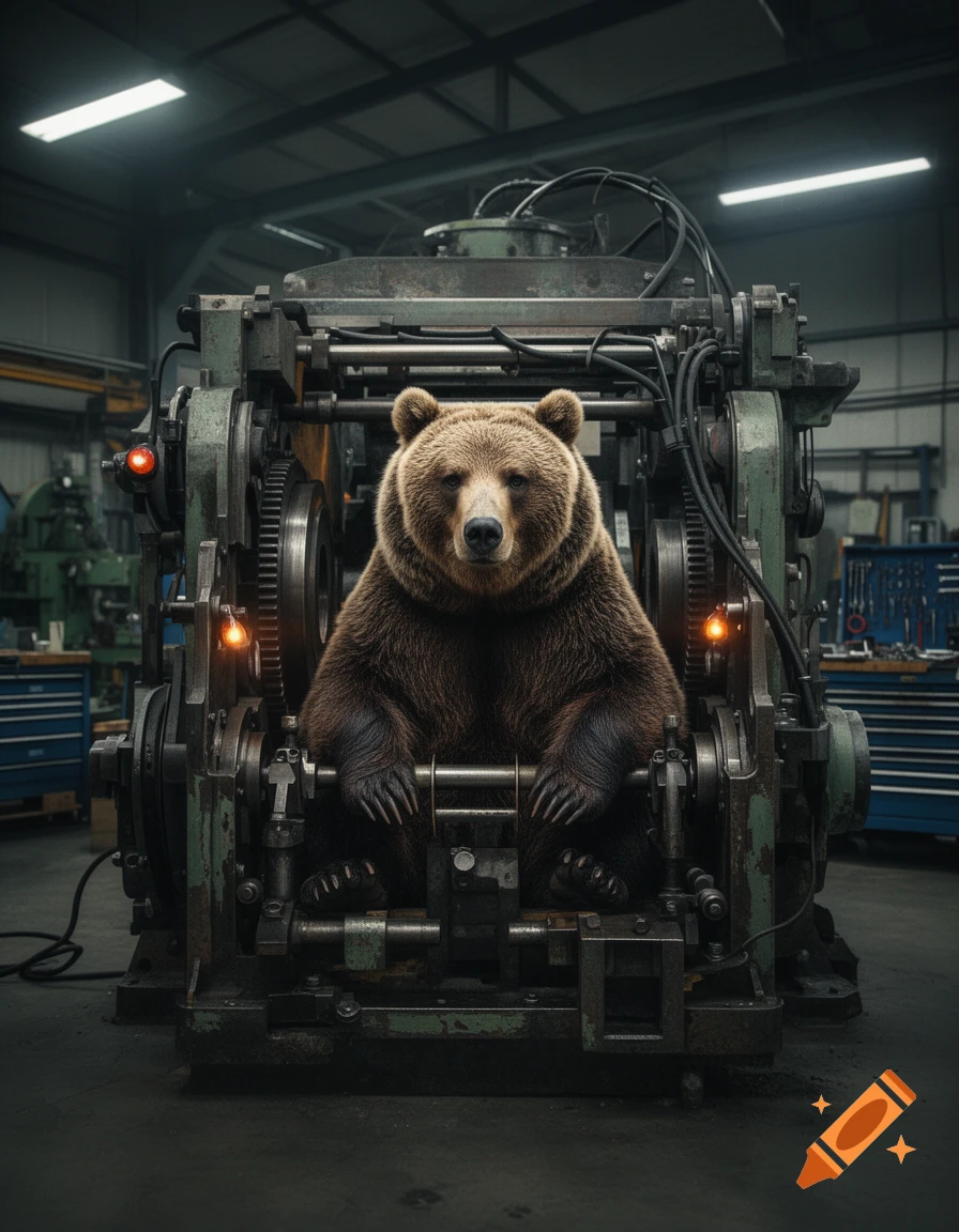 A photorealistic brown bear sitting inside a complex industrial machine in a factory.
