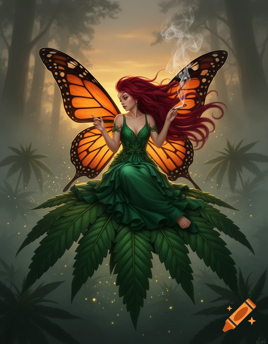 Digital painting of a red-haired fairy with monarch butterfly wings and green dress, sitting on a giant cannabis leaf and smoking.