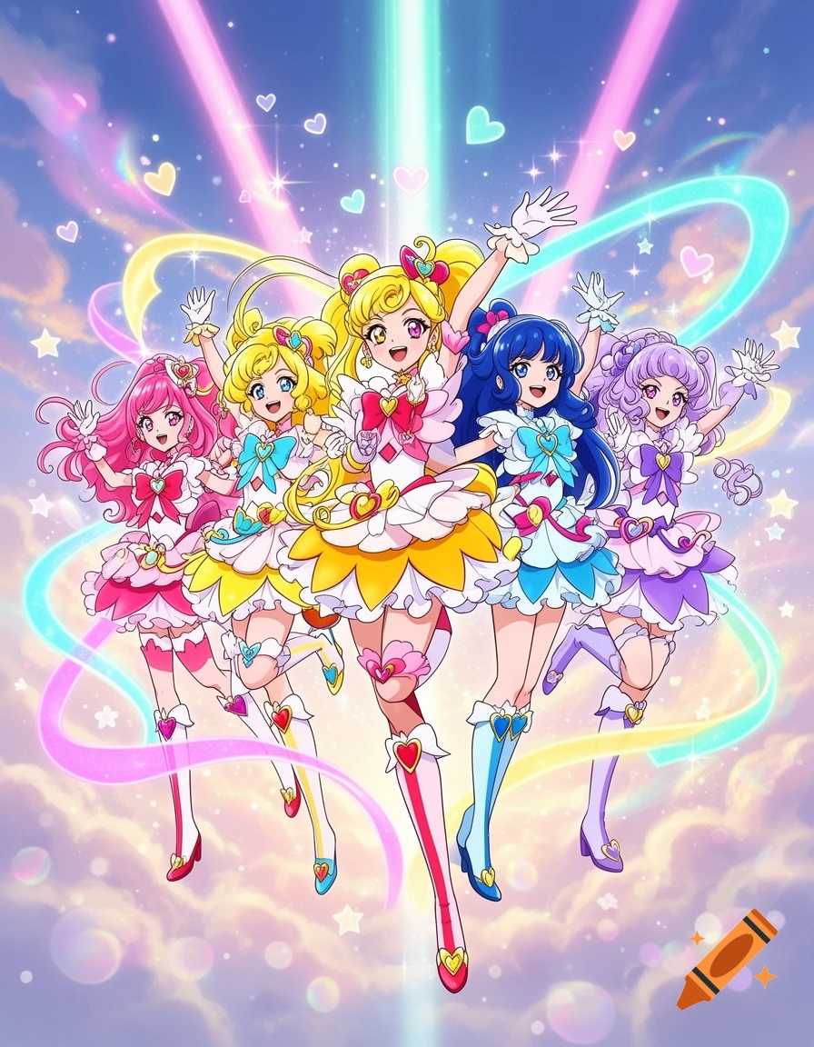 Five colorful anime magical girl characters posing together in a sky filled with glowing hearts, light rays, and clouds.