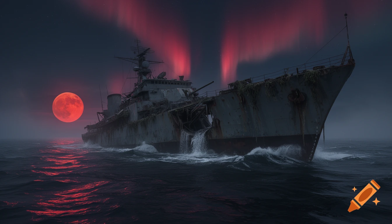 A partially sunken military ship navigating stormy seas under a red moon and northern lights, dark atmospheric digital art.