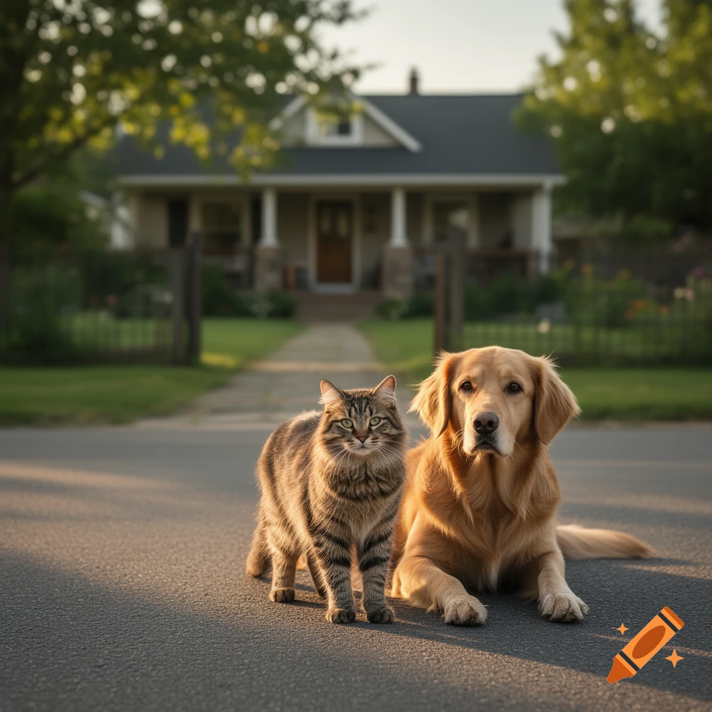 A photorealistic image of a tabby cat and a golden retriever dog sitting together on an asphalt road in front of a house.