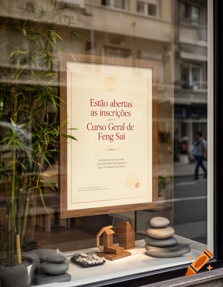 A framed poster with Portuguese text reading 'Estão abertas as inscrições para o Curso Geral de Feng Shui' displayed in a storefront window with bamboo and decorative stones.