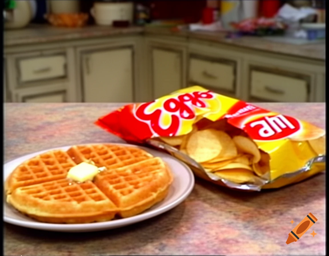A 1990s style commercial scene with a plate of waffles and butter next to an open bag of chips on a kitchen counter.
