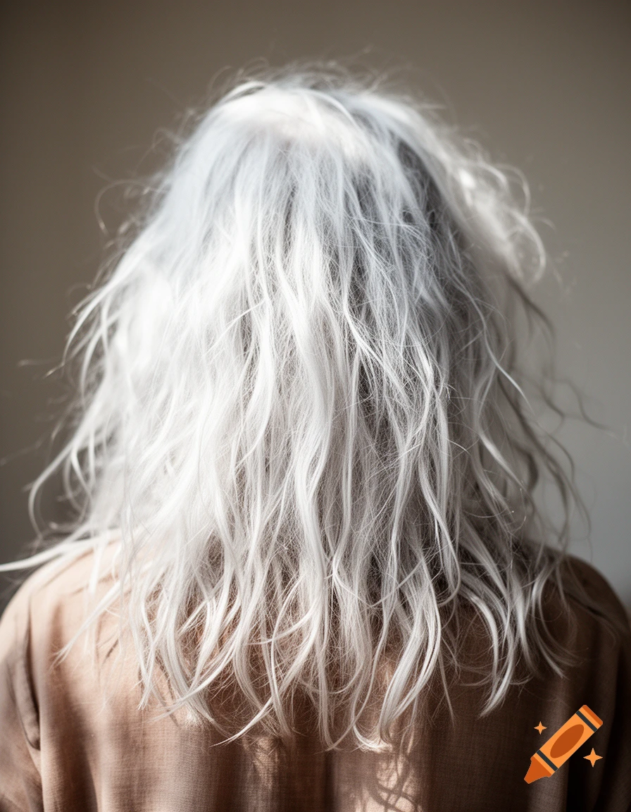 Back view of a person with long, messy, wavy white hair wearing a brown top, against a neutral background.