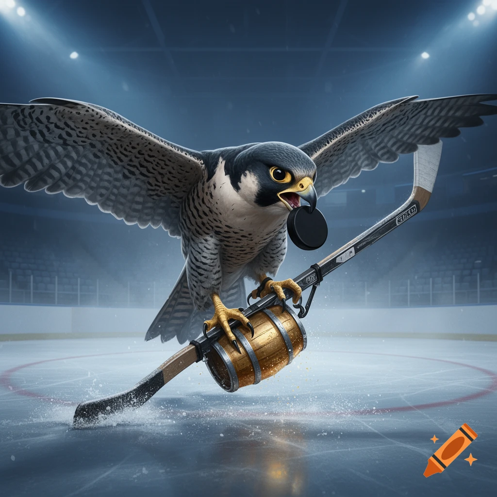 A peregrine falcon flying over an ice rink, holding a hockey stick with a wooden barrel attached and a puck in its beak.
