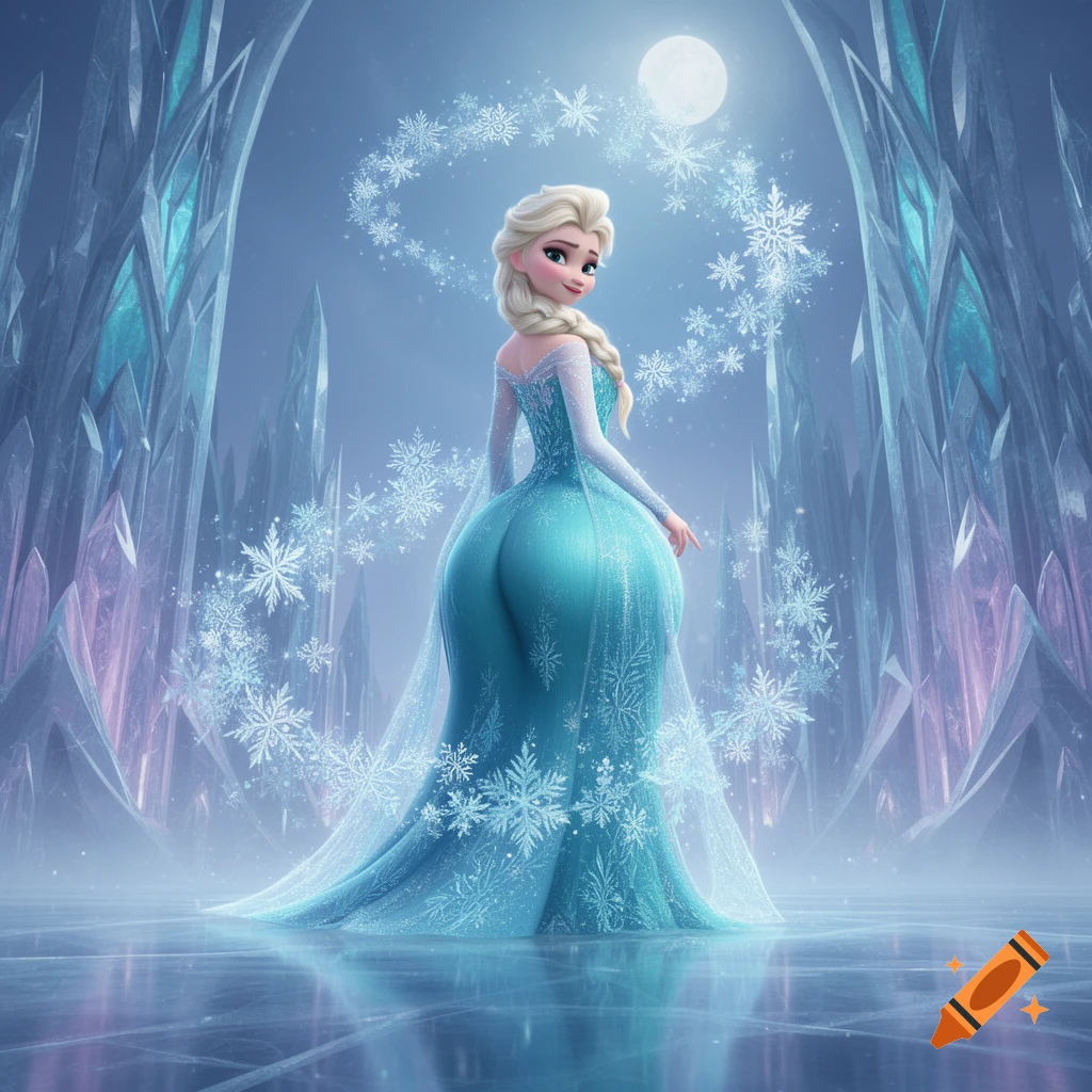 Elsa from Frozen in a blue ice dress standing in an ice palace surrounded by glowing snowflakes.
