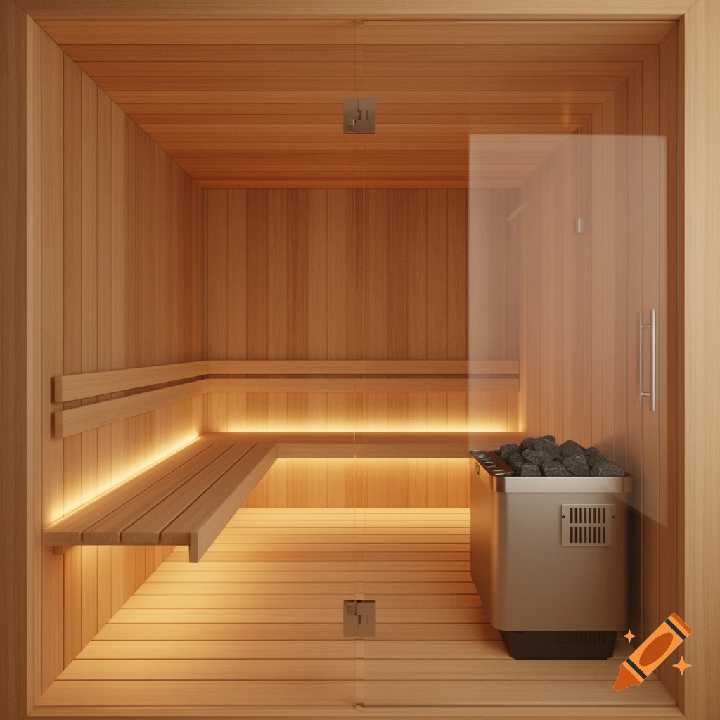 Modern wooden sauna interior with glass door and heating stove.