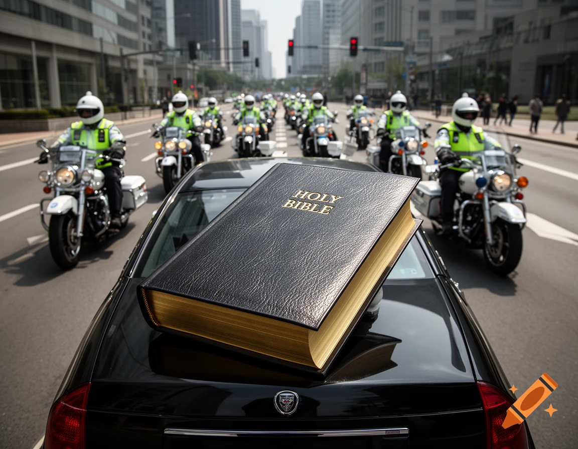 Photorealistic image of a large Holy Bible resting on the hood of a black car with a police motorcycle escort on a city street.
