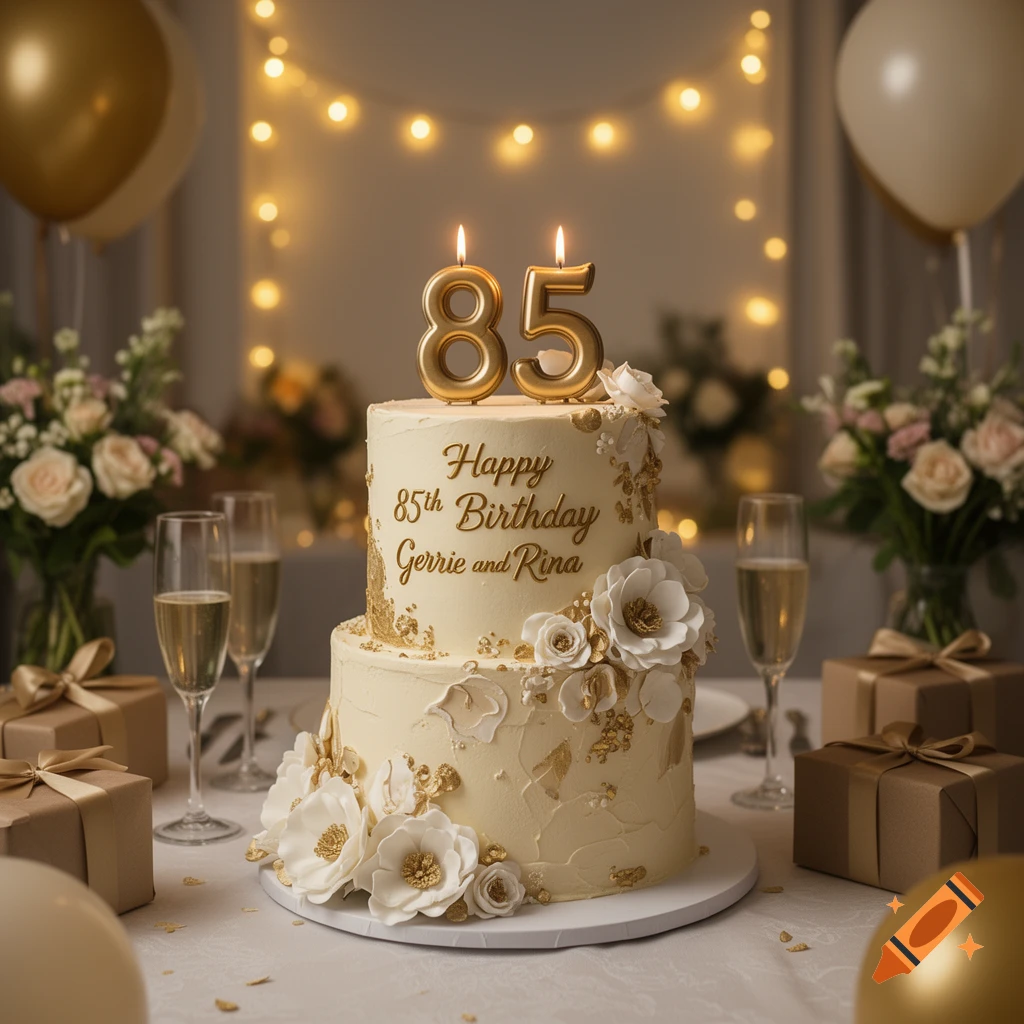 A two-tier birthday cake with gold candles reading 85, decorated with white flowers and gold flakes, surrounded by champagne glasses and gifts.