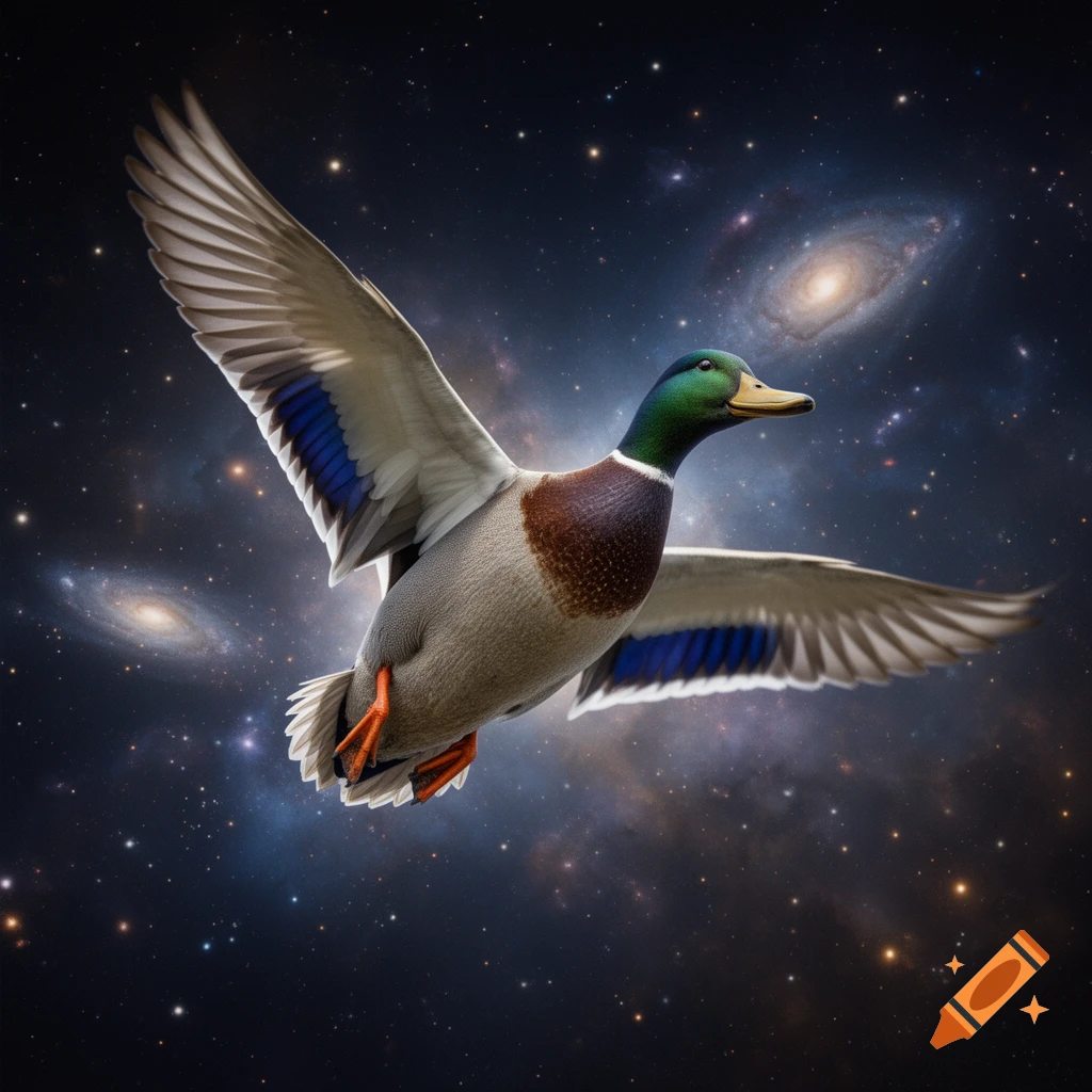 Photorealistic mallard duck flying through deep space past nebulae and stars.